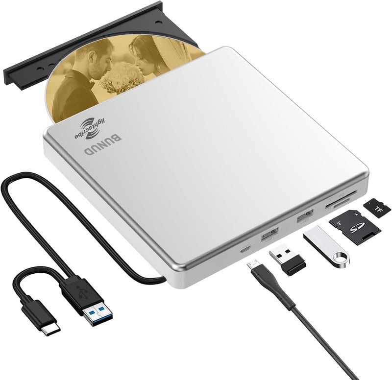 BVNUD محرك أقراص CD DVD خارجي LightScribe CD/DVD +/-RW حارق مشغل كاتب قارئ قرص بصري محرك CD DVD محمول للابتوب ماك ماك بوك PC ويندوز 11 10 لينكس نظام التشغيل - Image 1